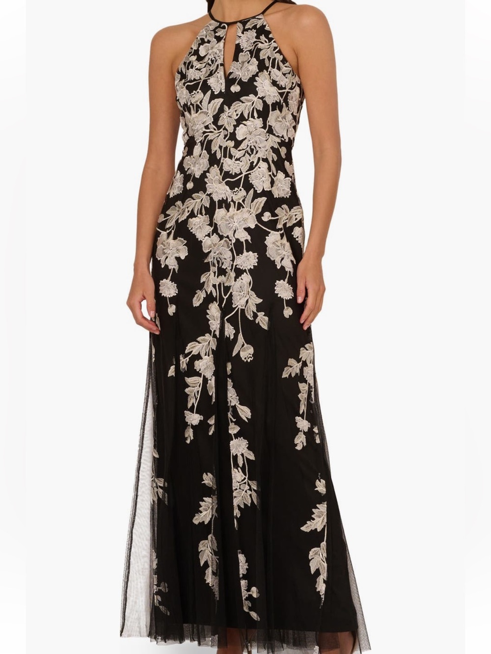 Adrianna Papell Black Maxi Dress with Cream Floral Embroidery - Picture 2 of 3